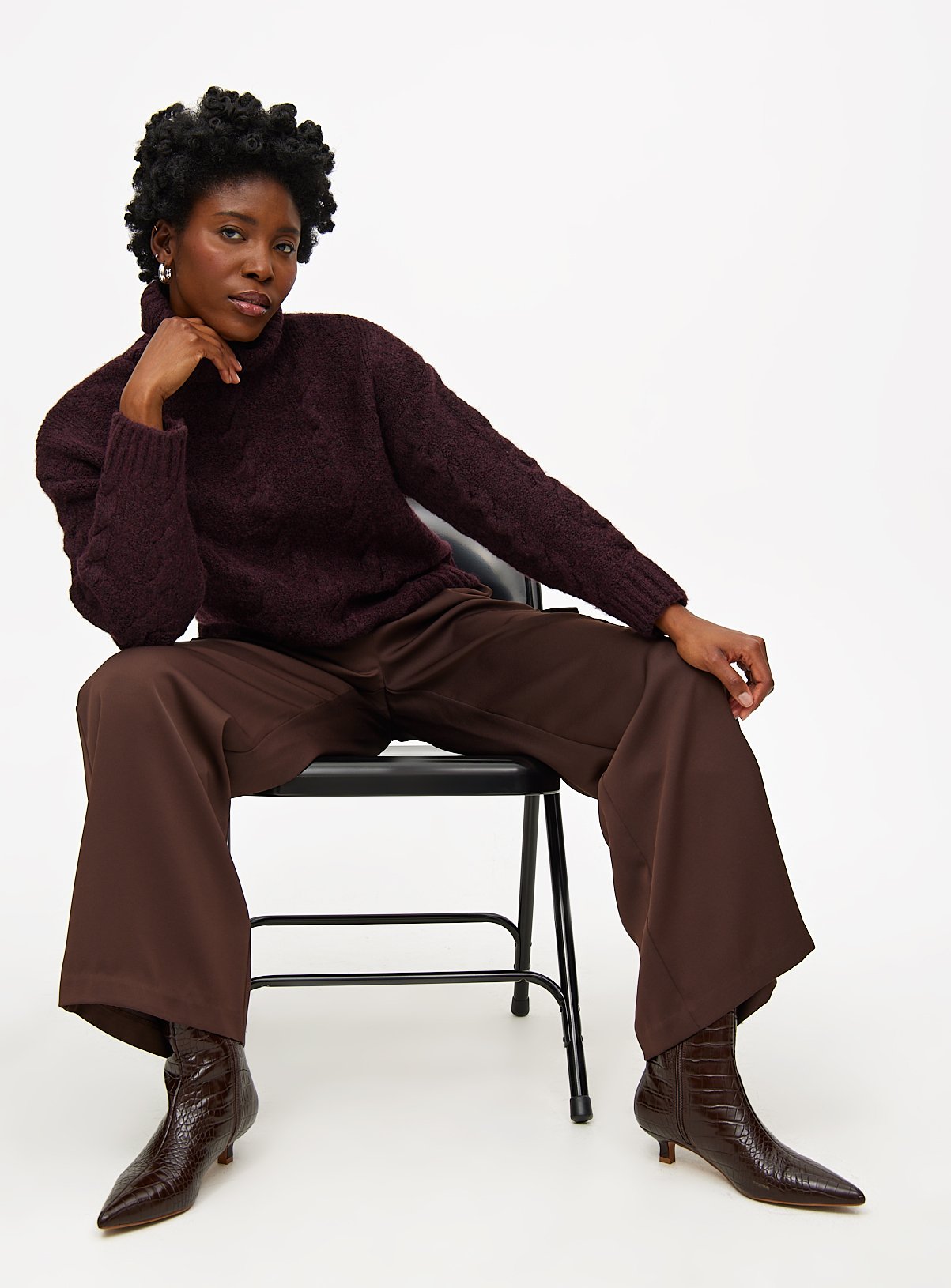 Burgundy Cable Knit Roll Neck Jumper S - Image 3 thumbnail